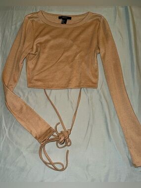 Forever 21 Beige Long-Sleeve Tie-Front Crop Top